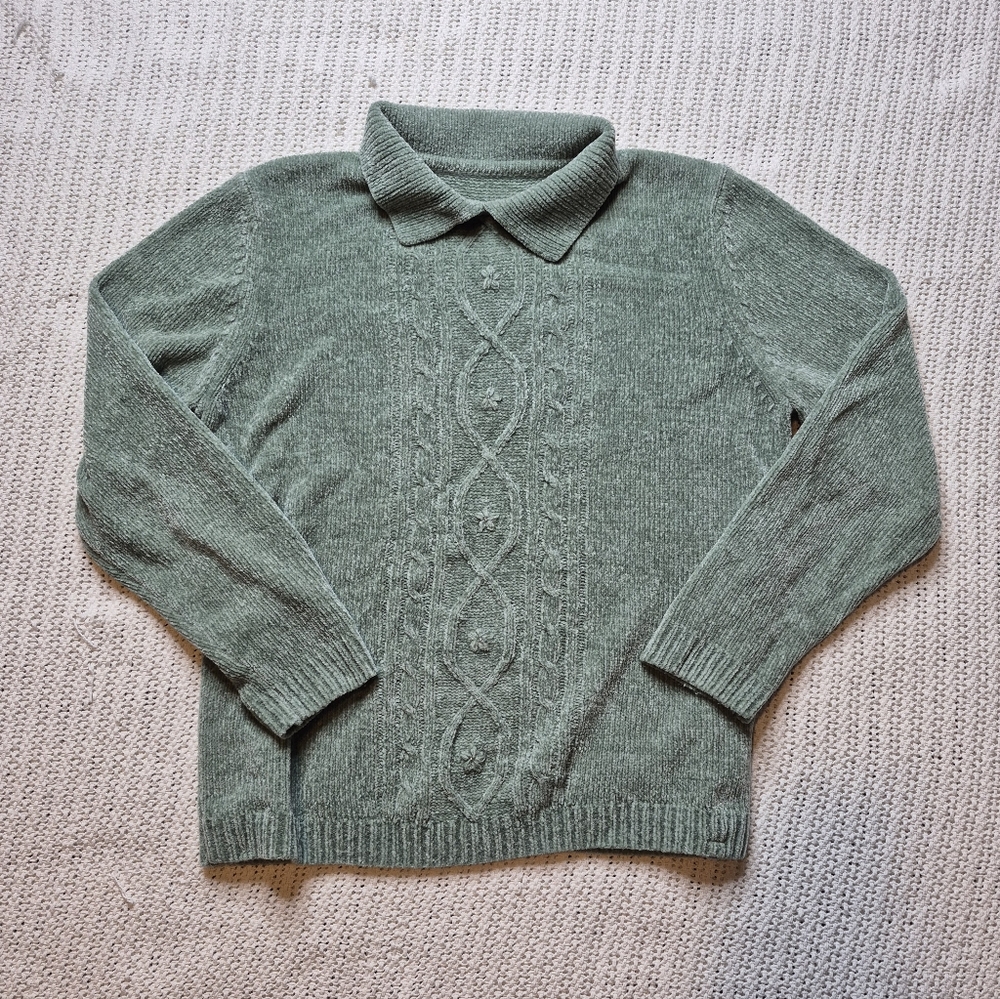 Alfred Dunner Sage Green Collared Pullover Chenille Sweater Women's SMALL